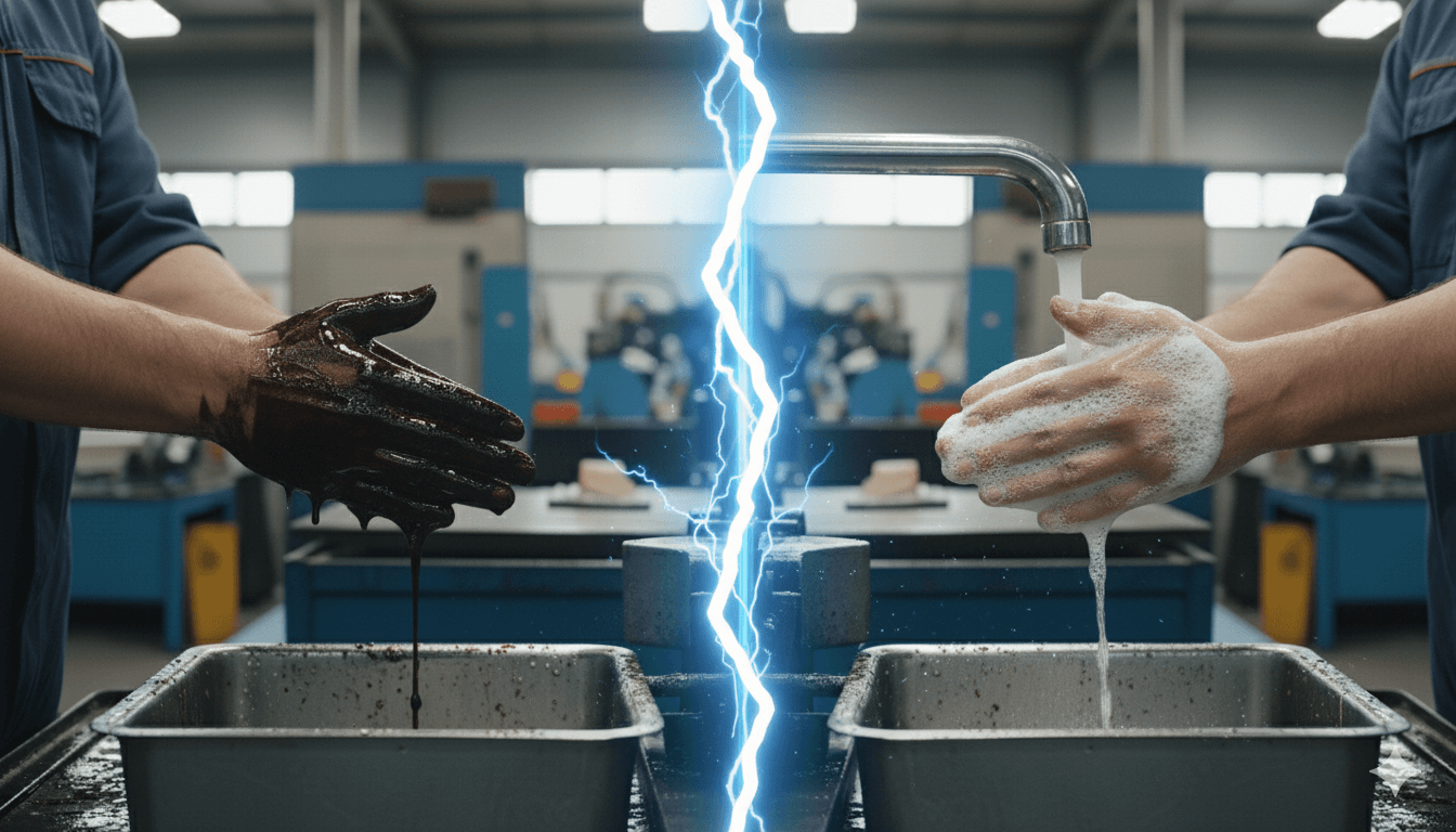 Wonder endüstriyel Sıvı El Yıkama Sabunu kullanan fabrika işçisi - yağ ve gres temizliği